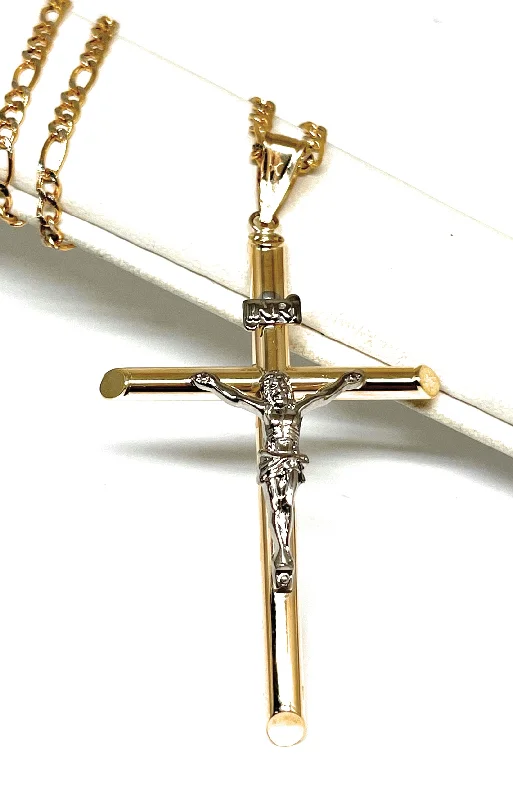 10k Solid Gold 2-Tone Classic Jesus Cross Crucifix Pendant Necklace (XS, SM, MED, LG) (MADE IN MX)