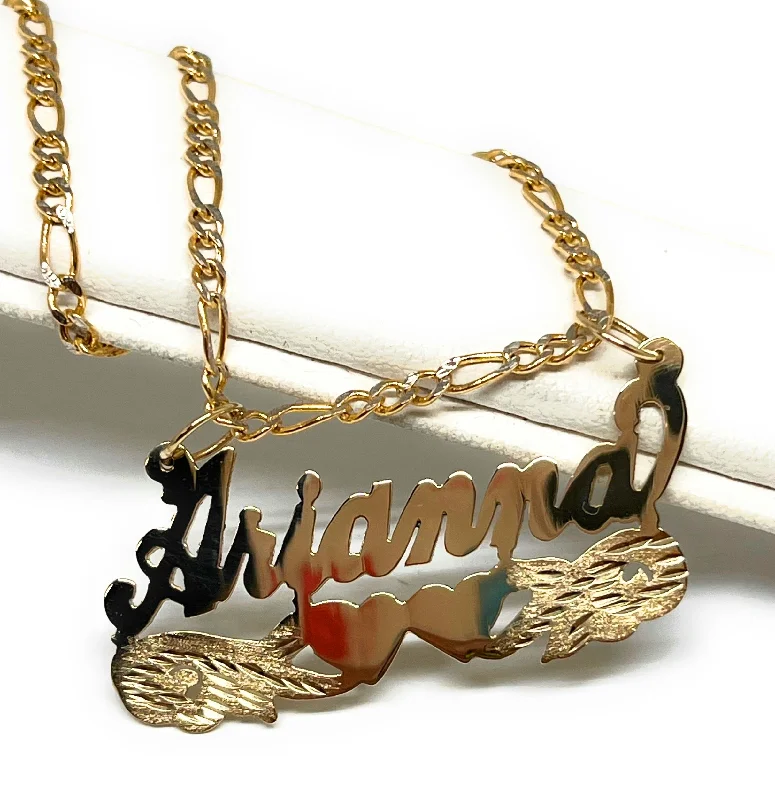 10k Solid Gold Custom CURSIVE WITH DOUBLE HEARTS Nameplate Pendant Necklace with Chain Options