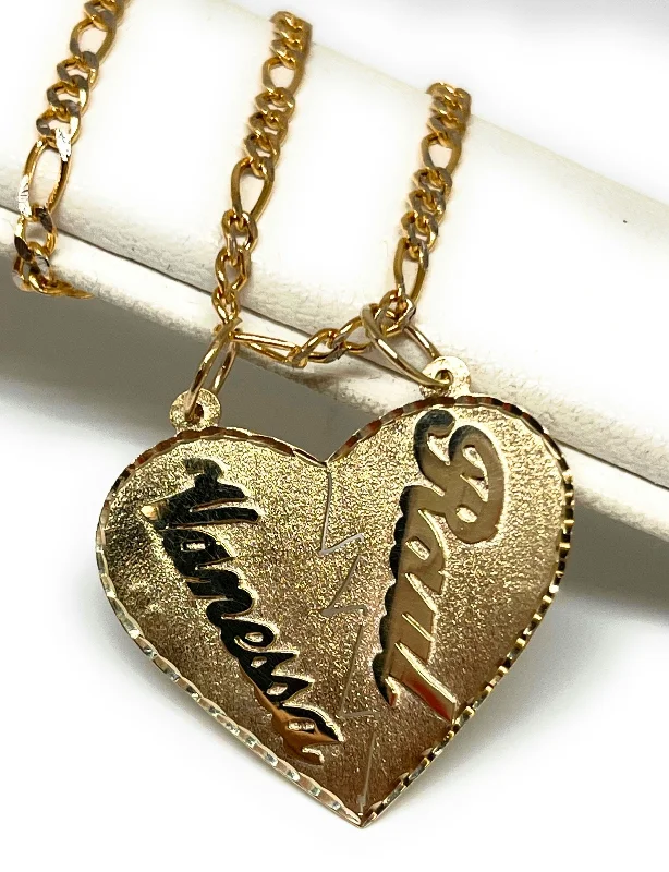 10k Solid Gold Custom Heart Split 2 Names Pendant Necklace with Chain Options