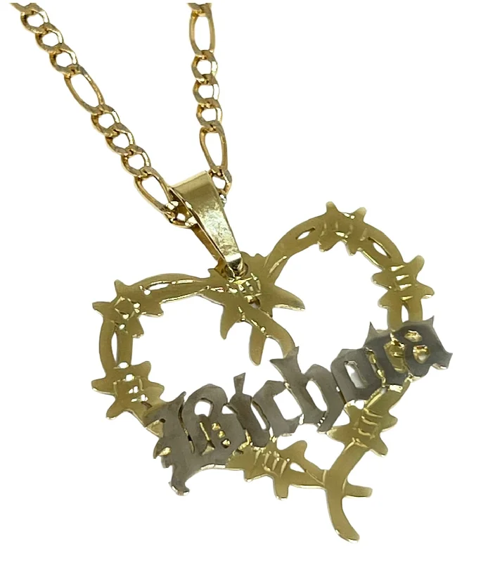 10k Solid Gold OLD ENGLISH Barbed Wire Heart "BICHOTA" Custom Nameplate Pendant Necklace Chain Options