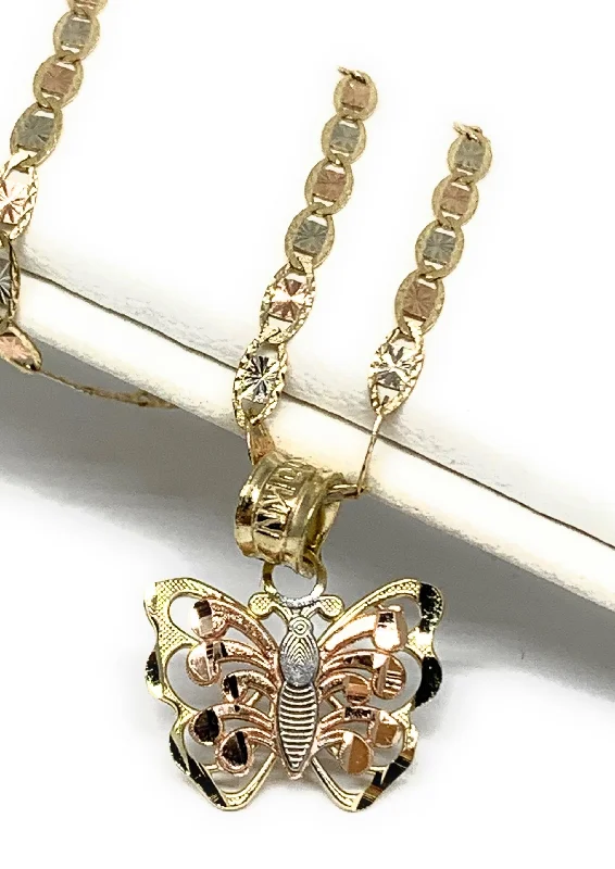 10k Solid Gold Tri-Color Small Butterfly Pendant Necklace Valentina Chain