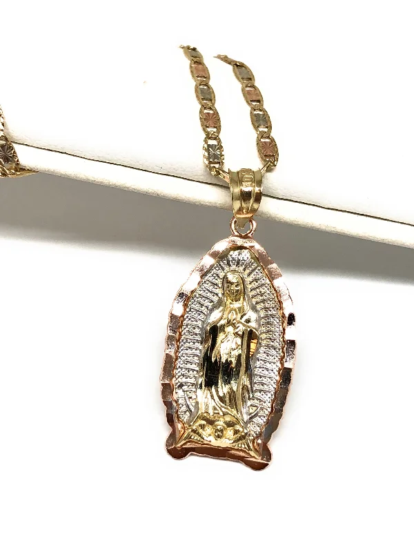 10k Solid Gold Tri-Color Virrgin Mary Pendant Necklace Virrgen Gaudalupe Valentina Chain (SM,LG)