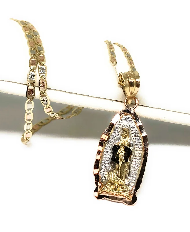 10k Solid Gold Tri-Color Virrgin Mary Pendant Virrgen Guadalupe Tri-Color Chain (MED)