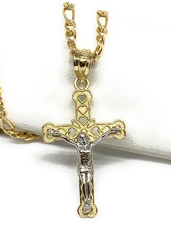 10k Solid Gold Yellow 2-Tone Jesus SMALL Cross Crucifix Pendant Necklace