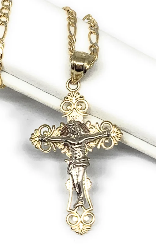 10k Solid Gold Yellow Classic 2-Tone Jesus Cross Crucifix Pendant Necklace (SM,MED)