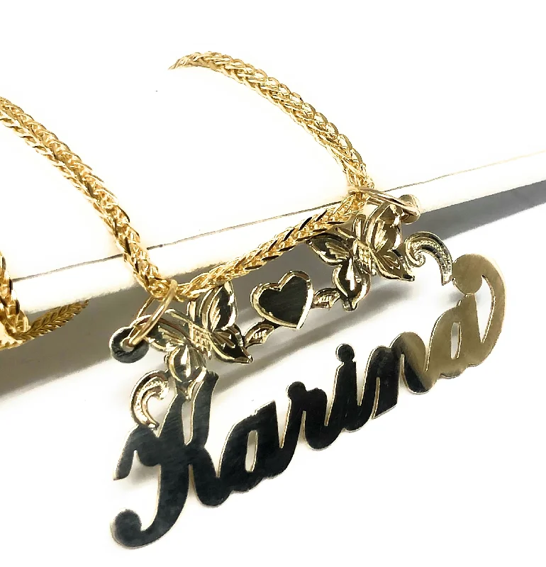 10k Solid Gold Yellow Cursive Butterflies & Heart Custom Nameplate Pendant Necklace with Chain Options