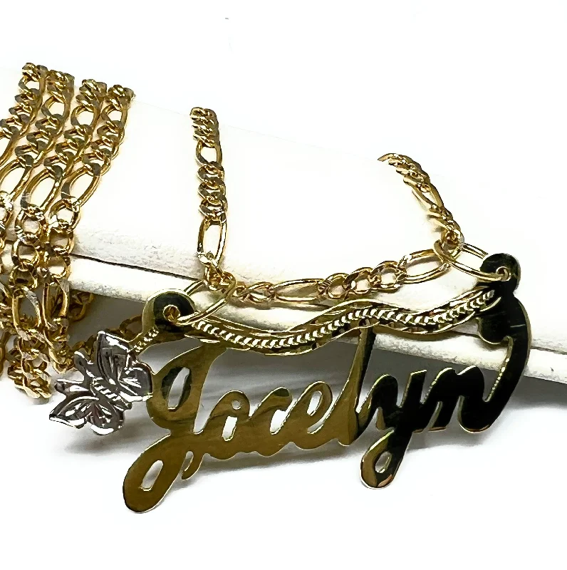 10k Solid Gold Yellow Cursive Butterfly Custom Nameplate Pendant Necklace with Chain Options