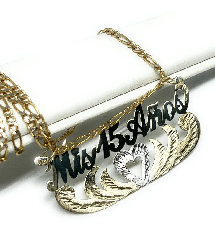 10k Solid Gold Yellow Cursive Heart MIS 15 AÑOS Custom Nameplate Pendant Necklace with Chain Options