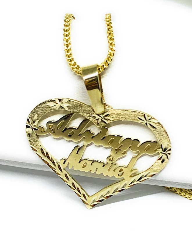 10k Solid Gold Yellow Custom Heart 2 Names Pendant Necklace with Chain Options