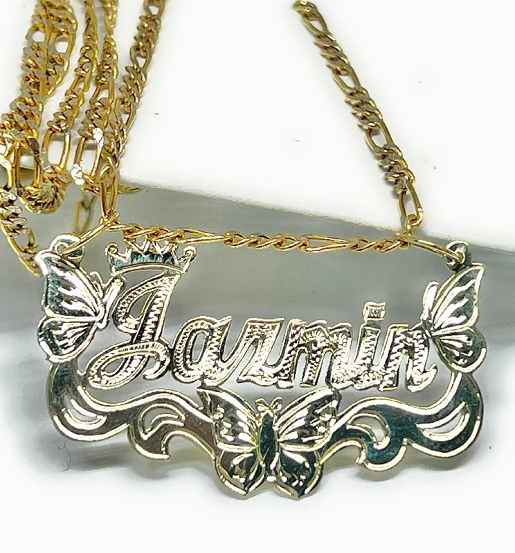 10k Solid Gold Yellow ENGRAVED Cursive BUTTERFLIES + CROWN Custom Nameplate Pendant Necklace