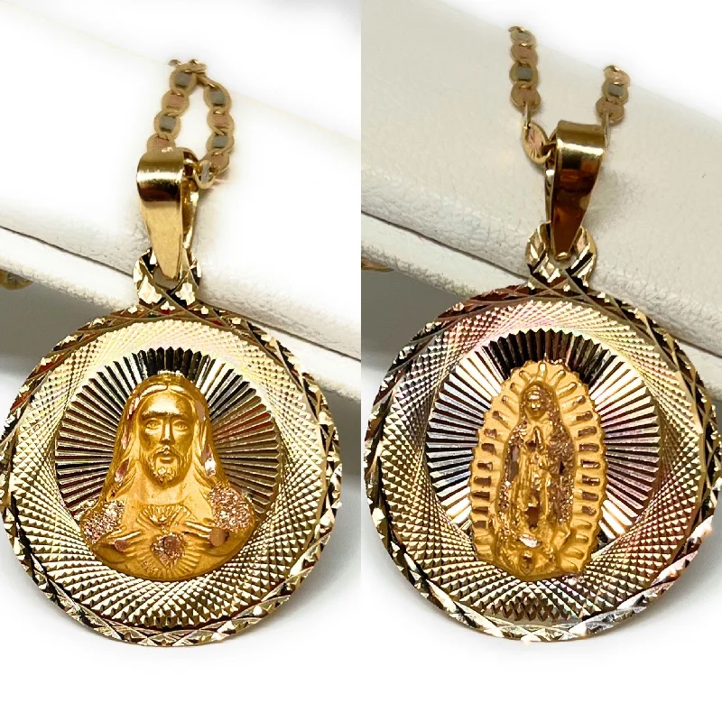 10k Solid Gold Tri-Color Jesus Sagrado Corazon & Virrgin Mary Double Sided Pendant Necklace (MADE IN MX) (MED, LG)