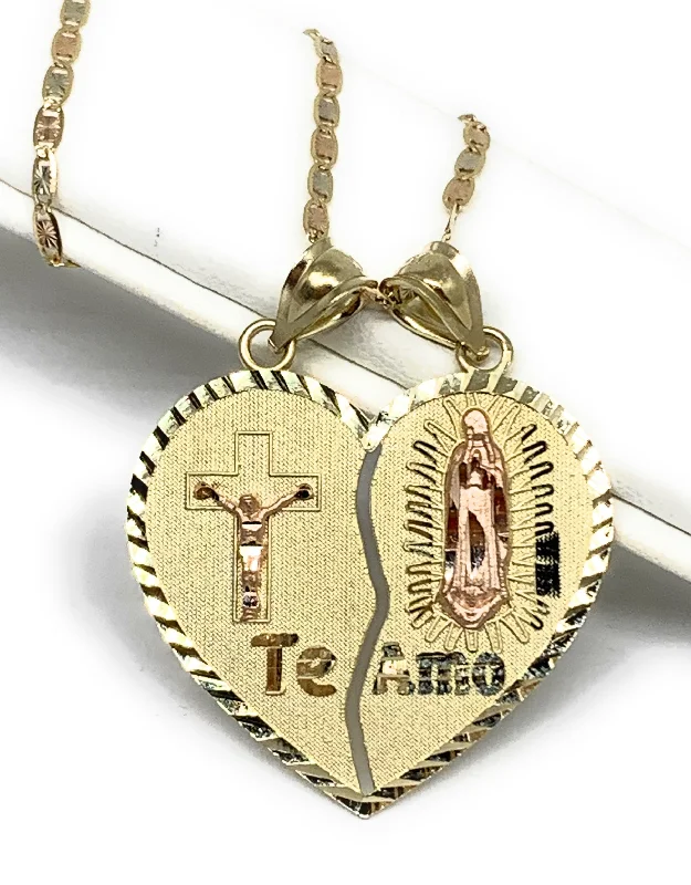 10k Solid Gold Yellow & Rose Gold Virrgin Mary Jesus Cristo "Te Amo" Heart Split Pendant (LG,MED)