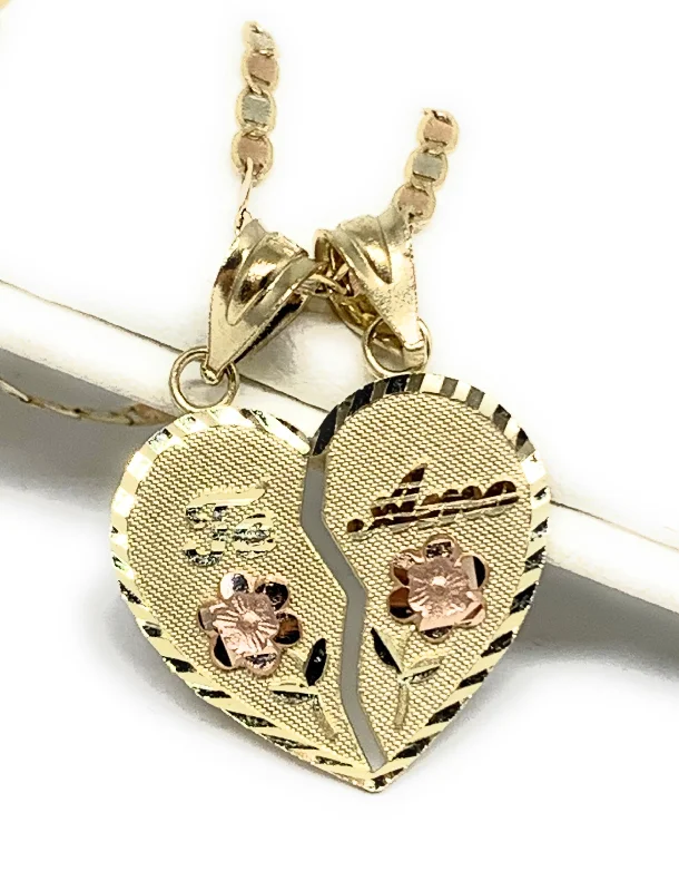 10k Solid Gold Yellow & Rose Gold "Te Amo" Heart Split Pendant With Chain