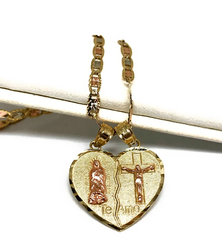 10k Solid Gold Yellow & Rose Gold Virrgin Mary "Te Amo" Heart Split Pendant (XS,SM)