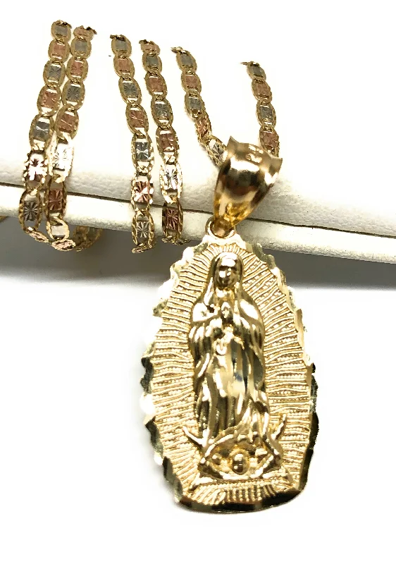 14k Solid Gold Classic Virrgin Mary Pendant Necklace Virrgen Gaudalupe Chain (MED, SM)