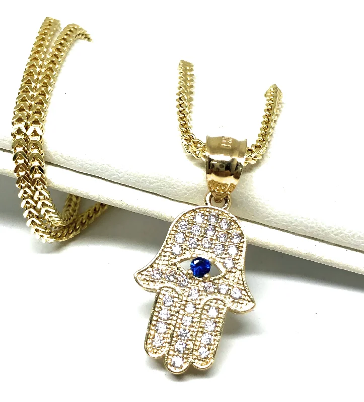 14k Solid Gold Hamsa Hand Pendant CZ Necklace Franco Chain (SM)