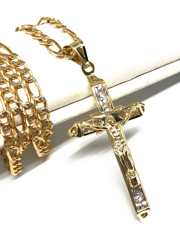 14k Solid Gold Jesus Cross Pendant Necklace Cubic Zirconia Crucifix Figaro Chain (XS)