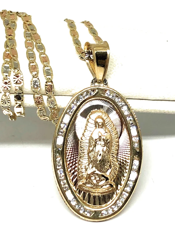 14k Solid Gold Tri-Color Virrgin Mary CZ Oval Pendant Necklace Virrgen Gaudalupe Valentina Chain (MED,LG)