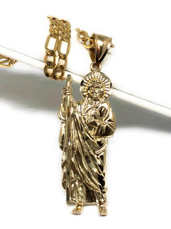 14k Solid Gold Yellow Saan Judas Saaint Jude Pendant Figaro Chain (MED, LG,XL)