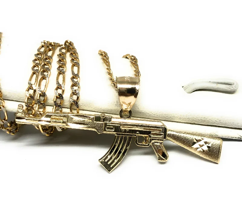 14k Solid Gold Yellow Machine Gun AK-47 Pendant Necklace