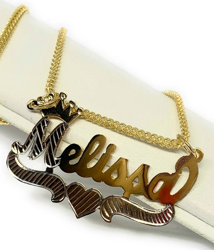 14k Solid Gold Yellow & White Custom CROWN CURSIVE WITH HEARTS Nameplate Pendant Necklace with Chain Options