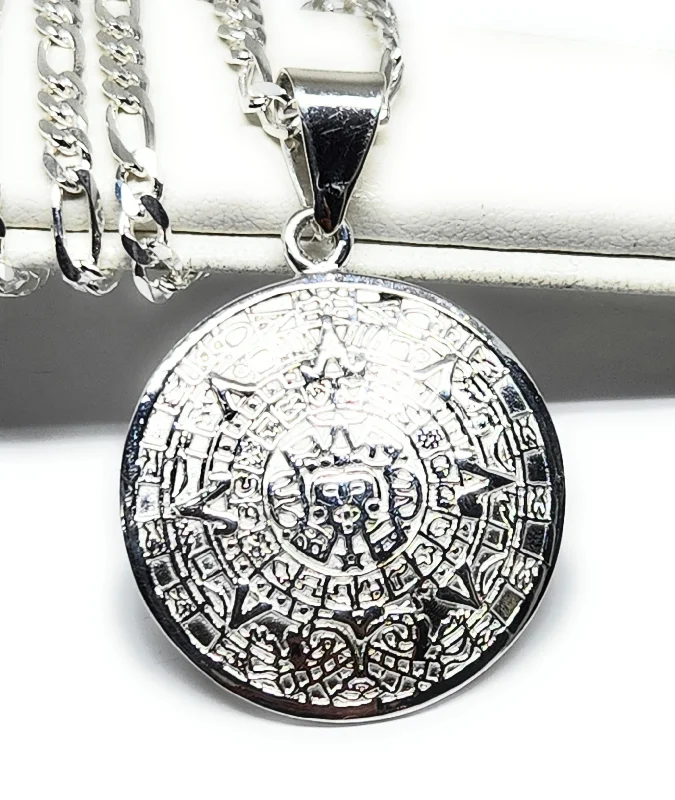 .925 SILVER AZTEC CALENDAR Pendant Necklace with Figaro Chain