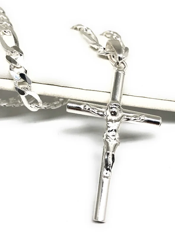 .925 Silver Classic Jesus Cross Crucifix Pendant Necklace with Figaro Chain