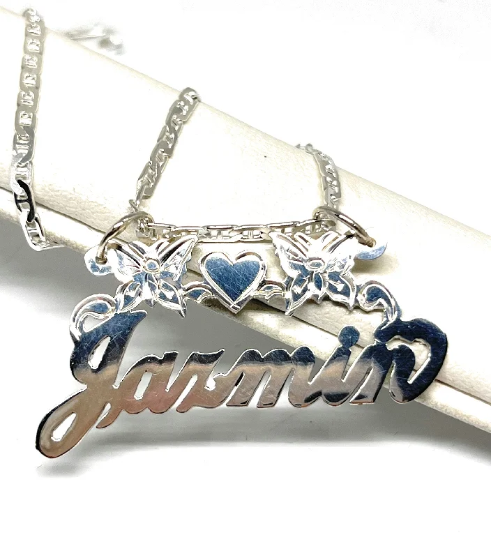 .925 Silver Cursive Butterflies & Heart Custom Nameplate Pendant Necklace with Chain Options