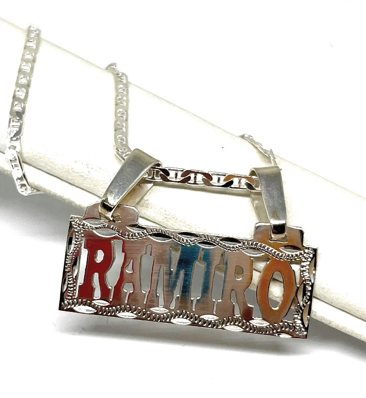 .925 Silver Custom BLOCK ELEGANT SQUARE Nameplate Pendant Necklace with Chain Options