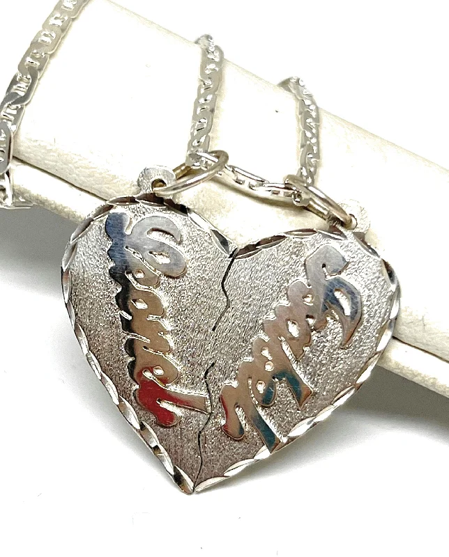 .925 Silver Custom Heart Split 2 Names Pendant Necklace with Chain Options