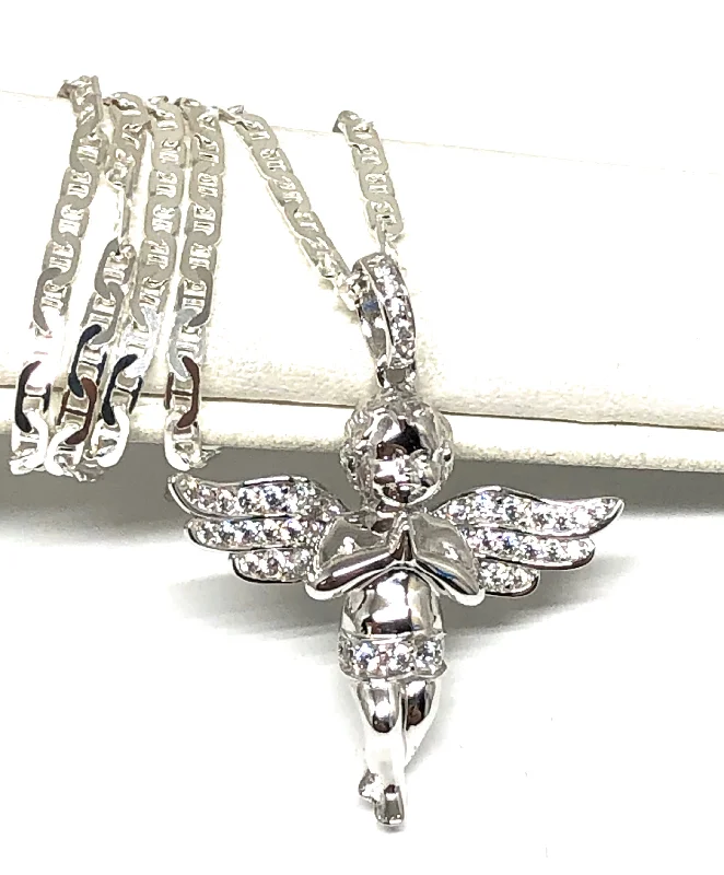 .925 Silver CZ Angel Pendant Necklace with Valentina Chain