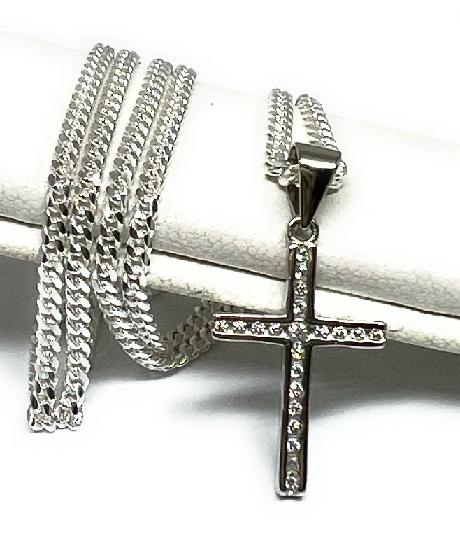 .925 Silver DAINTY Cross CZ Pendant Necklace with Chain