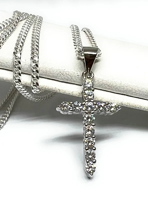 .925 Silver DAINTY Cross Full CZ Pendant Necklace with Chain