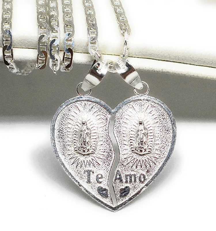 .925 Silver DOUBLE VIRRGIN MARY "TE AMO" SMALL HEART SPLIT Pendant Necklace (MADE IN MX) (SM,MED,LG)