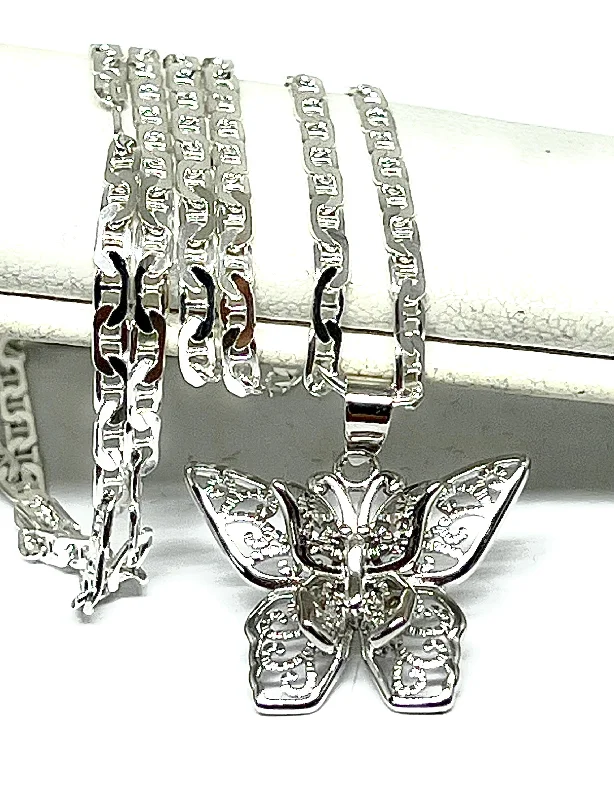 .925 Silver FILIGRANA BUTTERFLY MARIPOSA Pendant Necklace