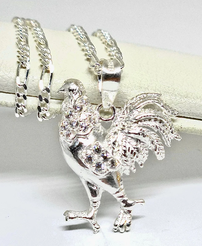 .925 Silver GALLO MEDALLA ROOSTER CHICKEN PENDANT NECKLACE (MADE IN MX)