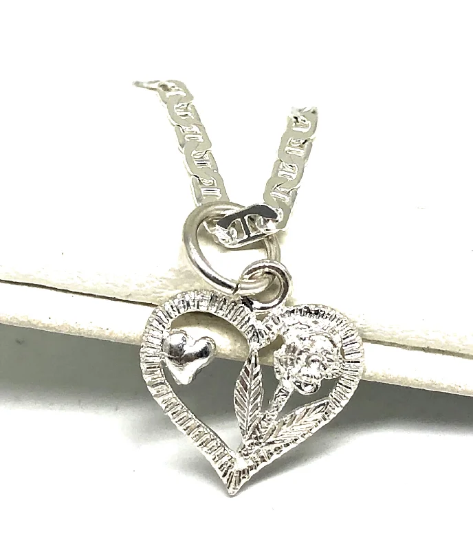 .925 Silver Heart & Rose Pendant Necklace with Chain Options