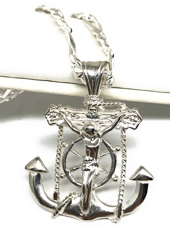 .925 Silver Jesus Anchor Crucifix Pendant Necklace with Figaro Chain