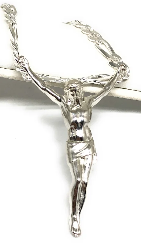 .925 Silver Jesus Body Crucifix Pendant Necklace with Figaro Chain