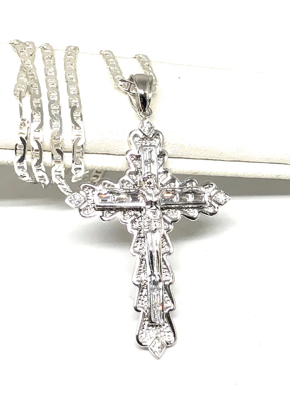 .925 Silver Jesus Cross Crucifix CZ Pendant Necklace with Valentina Chain