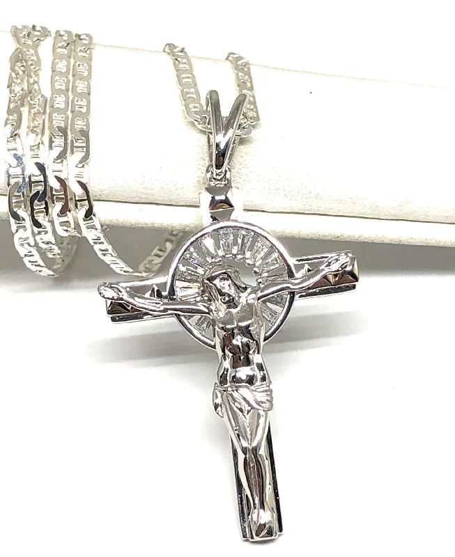 .925 Silver Jesus Cross Crucifix CZ Pendant Necklace with Valentina Chain