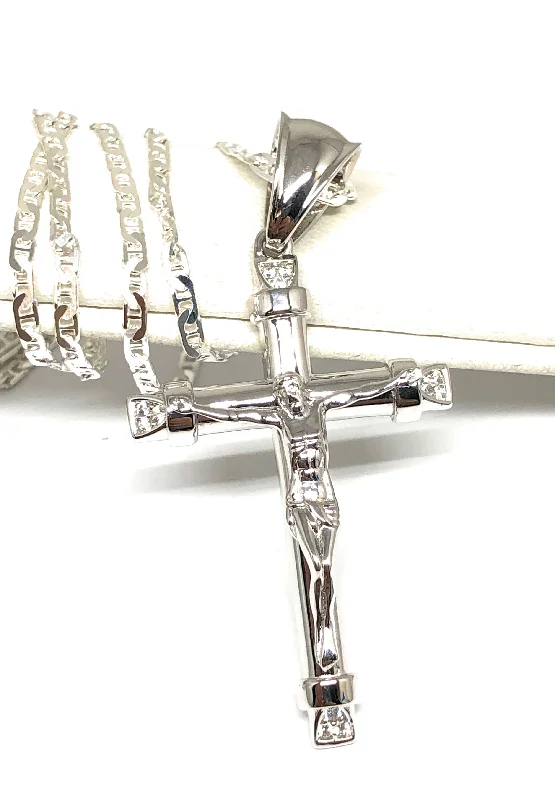 .925 Silver Jesus Cross Crucifix CZ Pendant Necklace with Valentina Chain