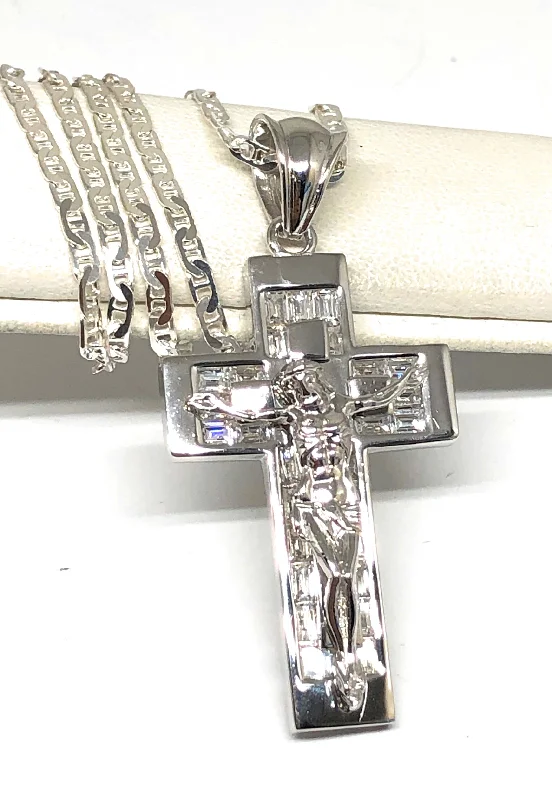 .925 Silver Jesus Cross Crucifix CZ Pendant Necklace with Valentina Chain