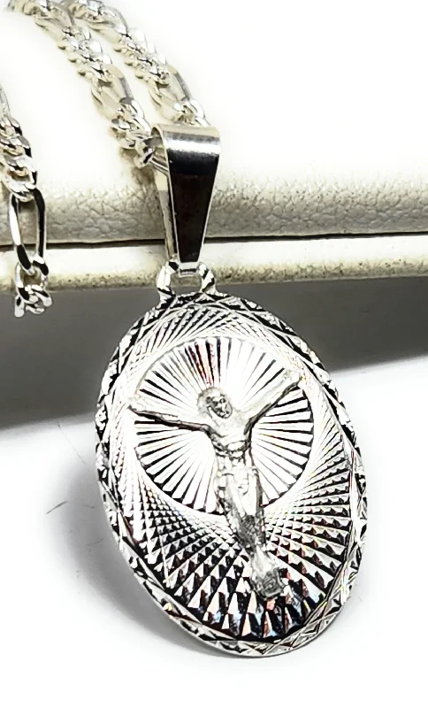 .925 Silver Jesus CRUCIFIX Laser Cut OVAL Pendant Necklace