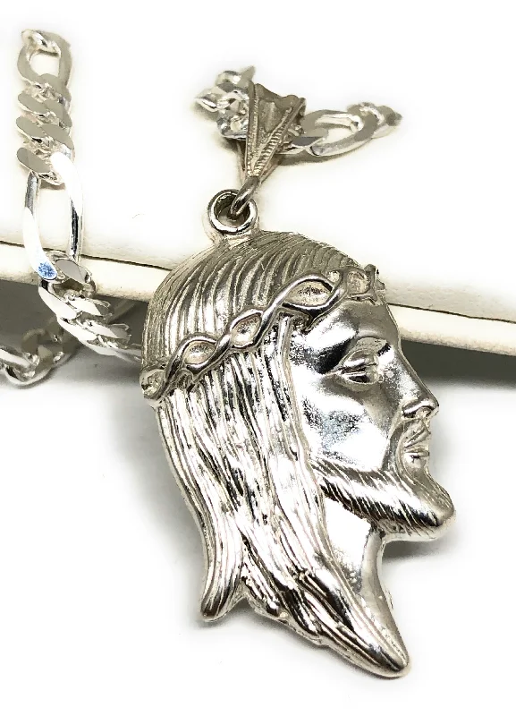 .925 Silver Jesus Face Pendant Necklace with Figaro Chain