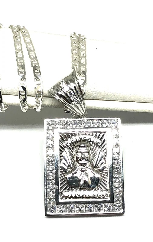 .925 Silver Jesus Malverde CZ Pendant Necklace with Valentina Chain