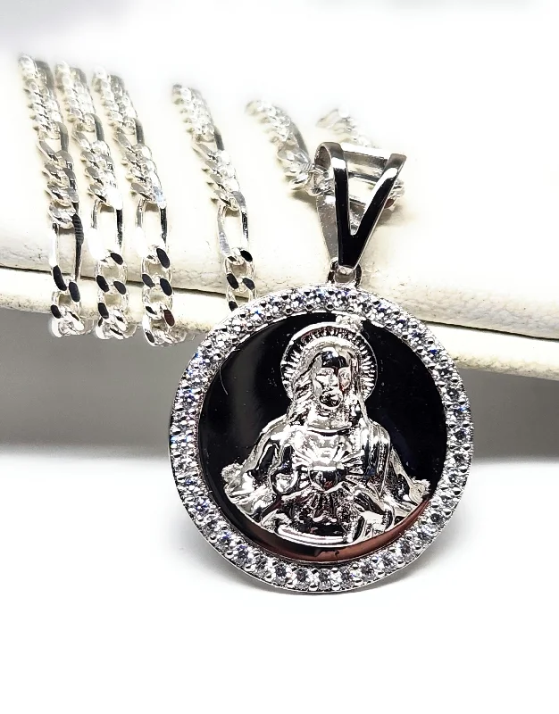 .925 Silver Jesus Sagrado Corazon CZ Pendant Necklace with Figaro Chain