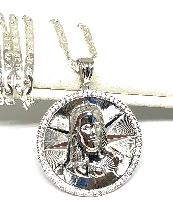 .925 Silver Jesus Sagrado Corazon CZ Pendant Necklace with Valentina Chain