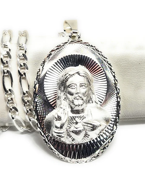 .925 Silver Jesus Sagrado Corazon Laser Cut OVAL Pendant Necklace