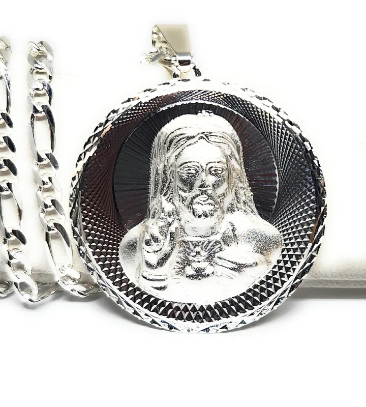 .925 Silver Jesus Sagrado Corazon Laser Cut Round Pendant Necklace